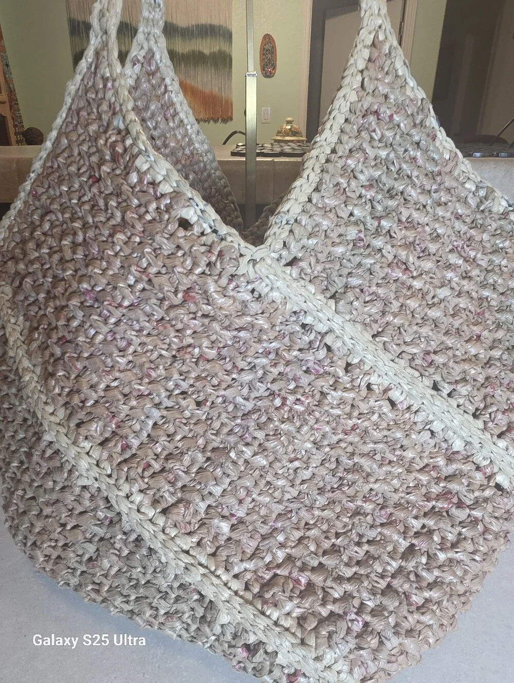 Upcycled Woven Plarn Tote Bag Eco-Friendly Boho Double Strap Shoulder Bag
